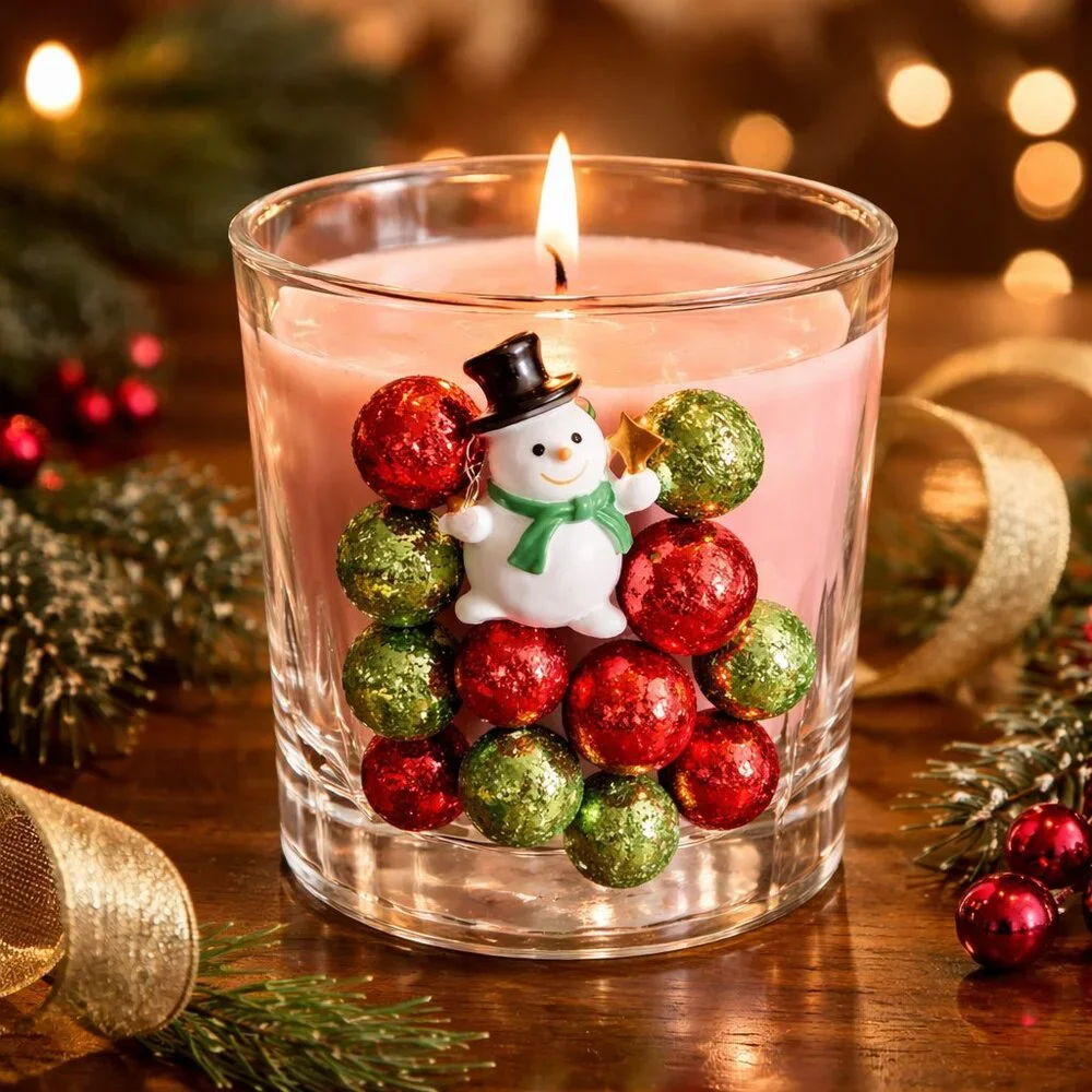 Christmas Candle‎ with Snowman and Green and Red Glitter Balls - New